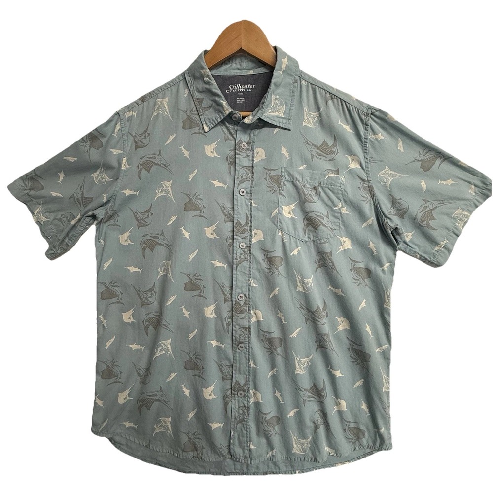 Stillwater Supply Company Button Up Shirt Men's L Swordfish Fish 100% Cotton
